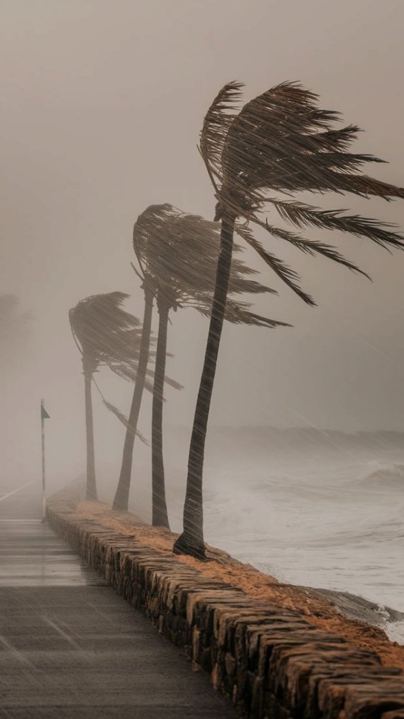 Palmeras dobladas por vientos huracanados en la costa